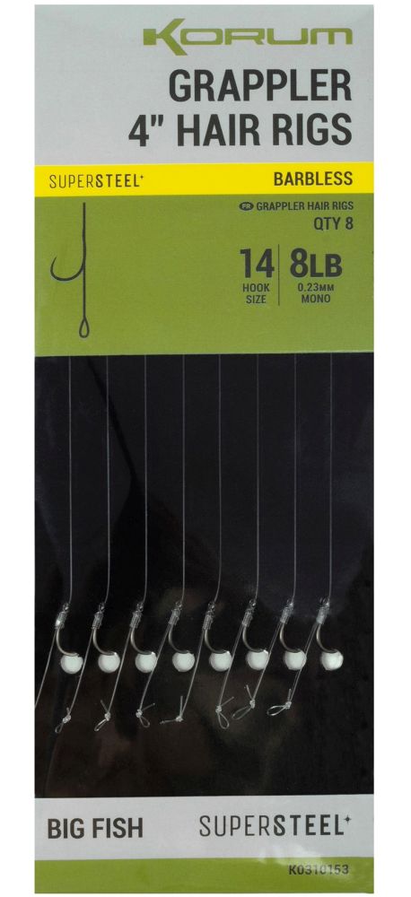 Levně Korum návazec grappler 4” hair rigs barbless 10 cm - velikost háčku 14 průměr 0,23 mm nosnost 8 lb