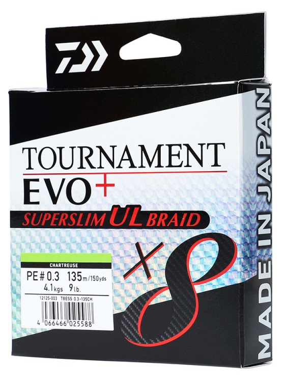 Daiwa splétaná šňůra tournament x8 evo+ super slim ul braid chartreuse 135 m - 0,08 mm 6,40 kg