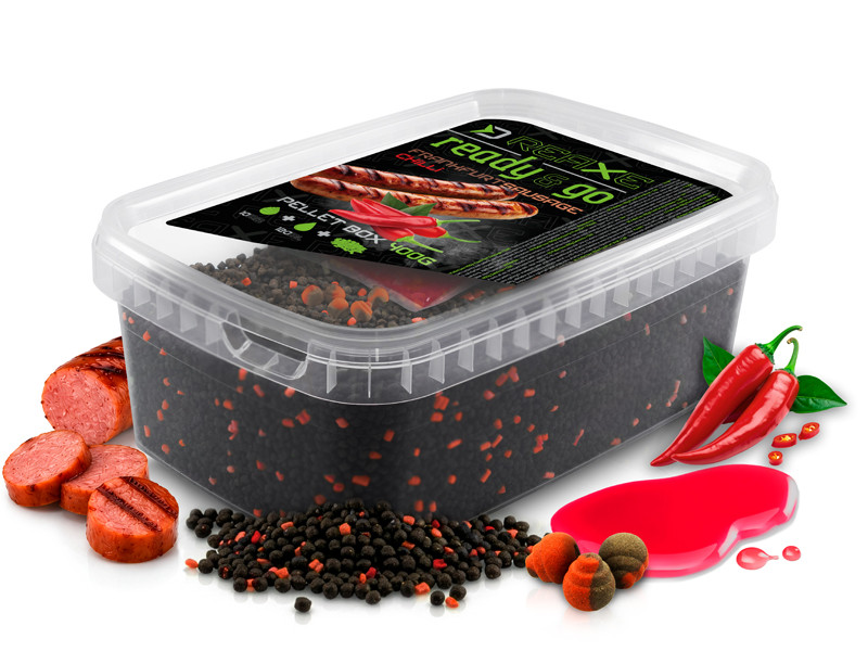 Delphin pelety reaxe ready&go pellet box + booster a nástrahy fr. klobása chilli 400 g