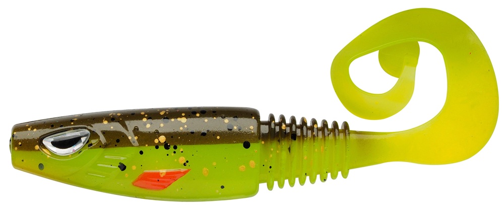 Berkley gumová nástraha sick curl brown chartreuse - 12 cm