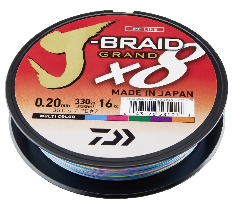 Daiwa splétaná šňůra j-braid 8 grand mutlibarva 150 m-průměr 0,18 mm / nosnost 12,5 kg