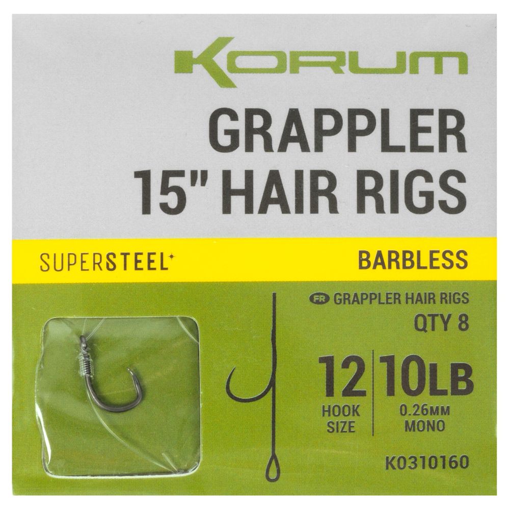 Korum návazec grappler 15” hair rigs barbless 38 cm - velikost háčku 12 průměr 0,26 mm nosnost 10 lb