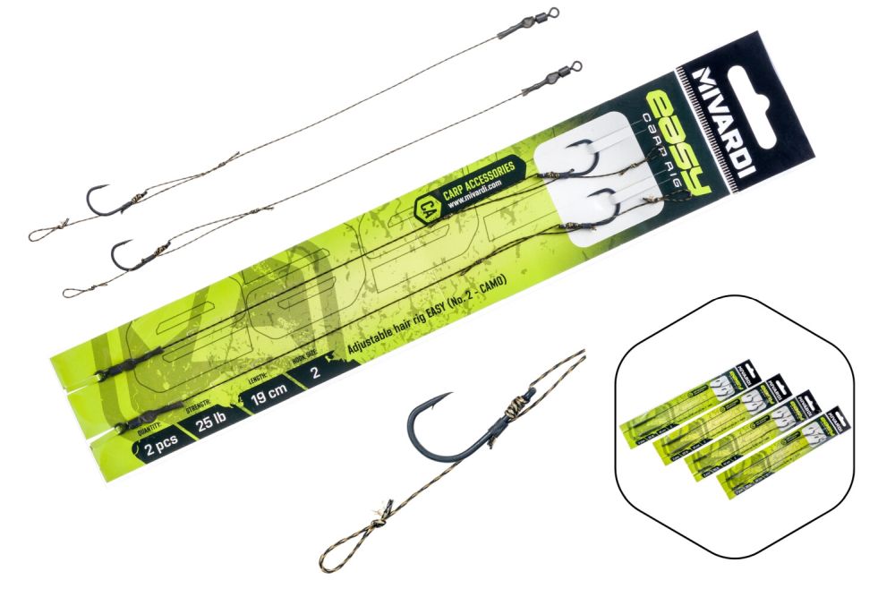 Mivardi návazec adjustable hair rig easy 2 kusy 25 lb-velikost 4/ délka 19cm/ barva camo