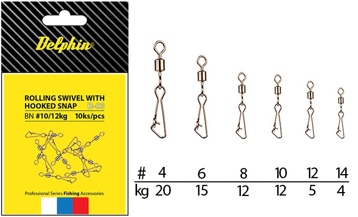 Delphin obratlík s karabinou rollings swivel with hooked snap b-03 10 ks-velikost 8 / nosnost 12 kg