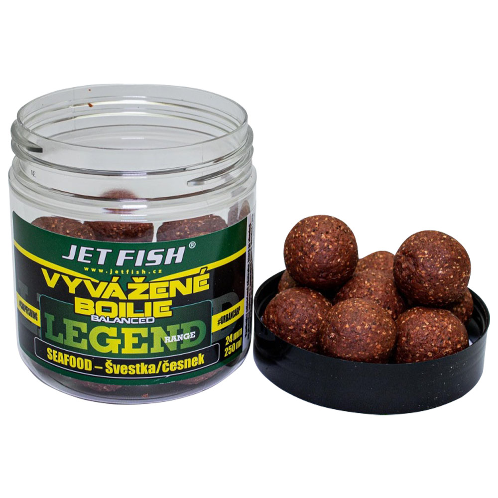 Jet fish vyvážené boilie legend range 250 ml 24 mm - seafood švestka česnek