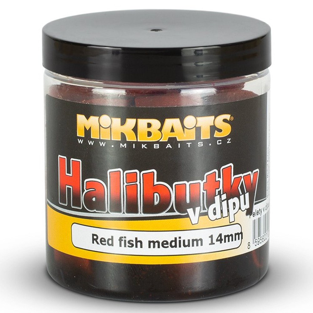 Levně Mikbaits chytací halibutky v dipu 14 mm 250 ml-red fish medium