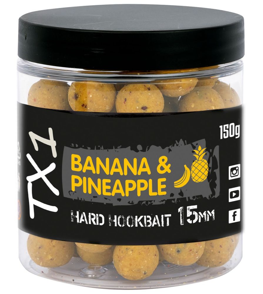 Shimano tvrzené boilies tx1 hard hookbait banana & pineapple 150 g - 15 mm