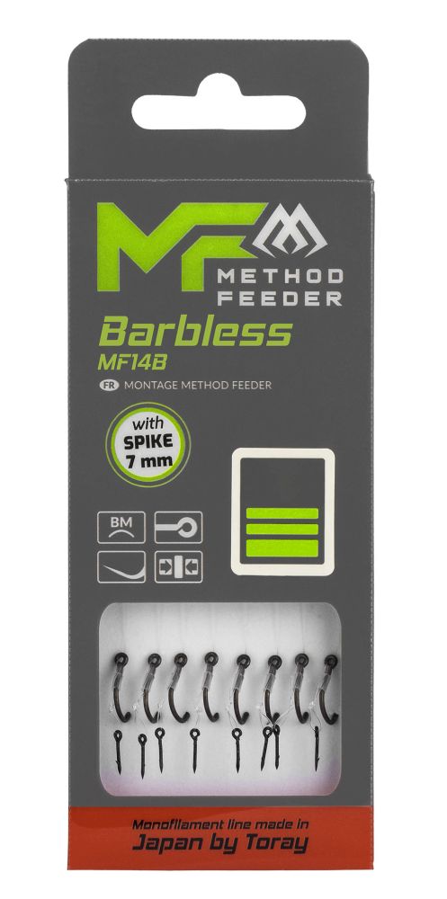 Levně Mikado návazec feederový mf14 s jehlou barbless 8 ks 10 cm - 0,28 mm vel. 4