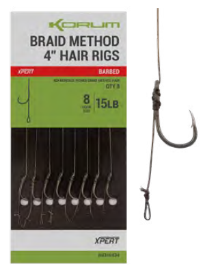 Korum návazec power braid method hair rigs 15 lb barbed 10 cm 8 ks - velikost 8