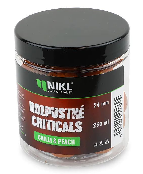 Levně Nikl rozpustné criticals boilie chilli & peach 250 ml - 18 mm