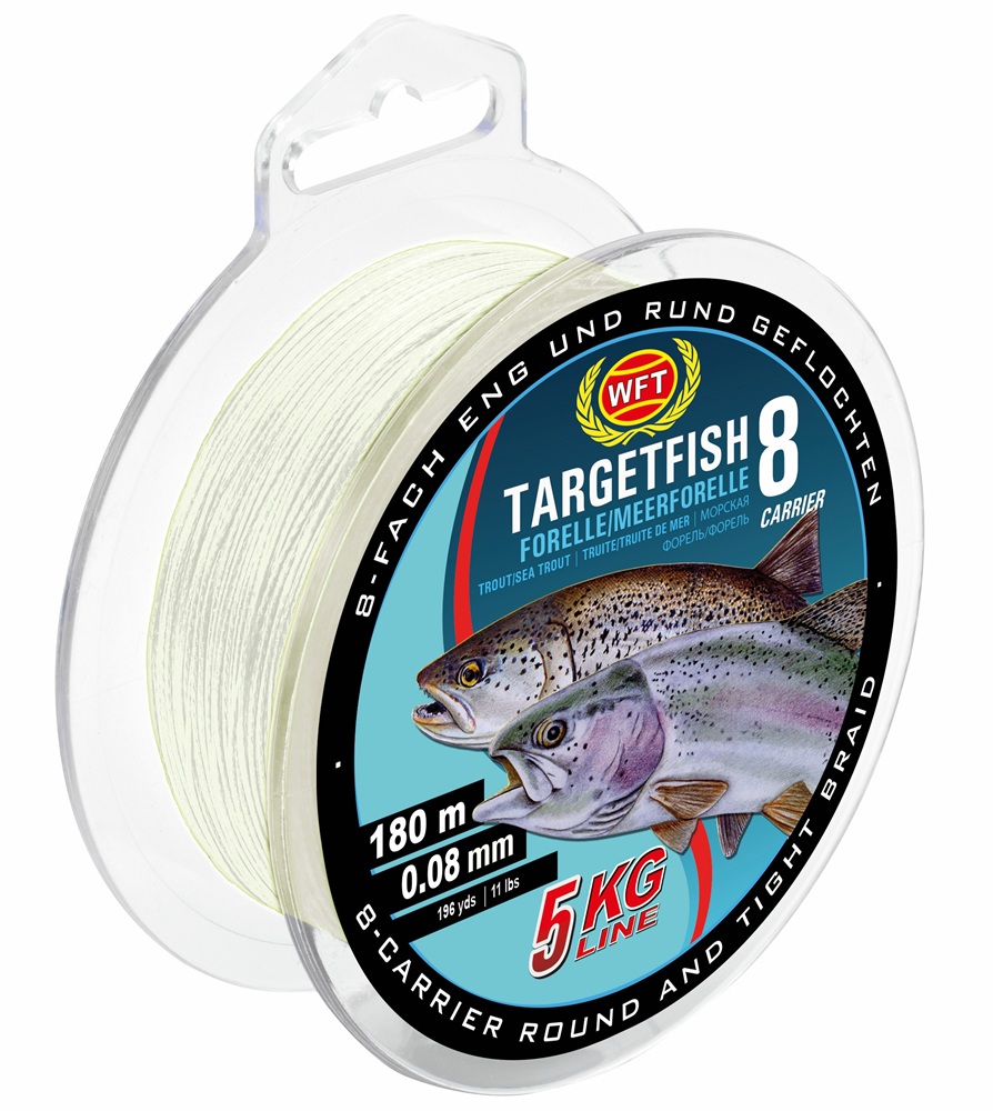 Wft splétaná šňůra targetfish 8 meerforelle forelle poloprůhledná - 0,10 mm 7 kg 180 m