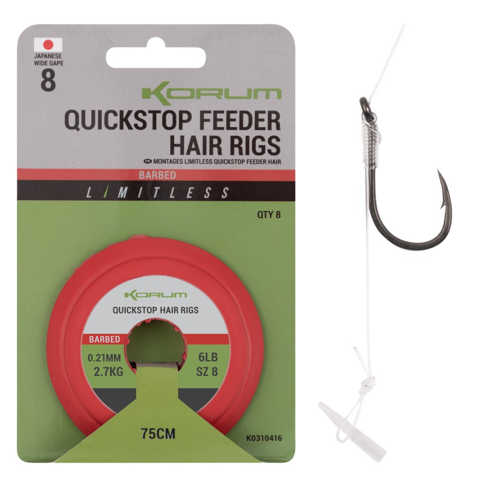 Korum návazec limitless quickstop feeder hair rigs 8 ks 75 cm - 0,21 mm velikost 10
