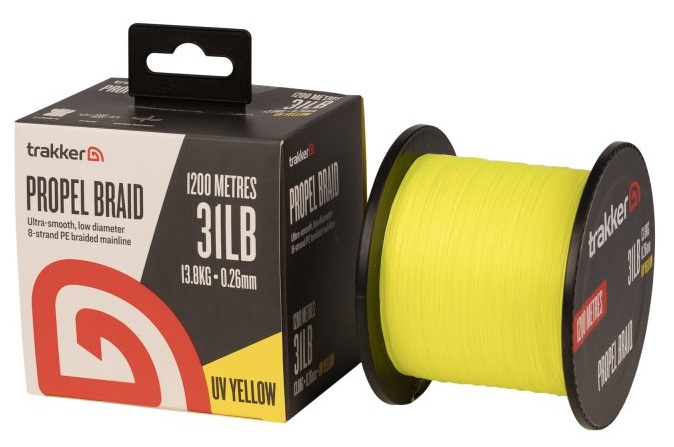Levně Trakker kmenová pletená šňůra propel braid 1200 m 0,26 mm 31 lb uv yellow