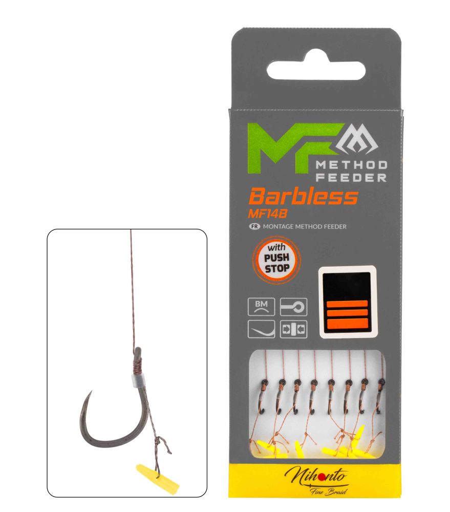 Levně Mikado návazec feederový mf14 braided push stop barbless 8 ks 10 cm - 0,18 mm vel. 4