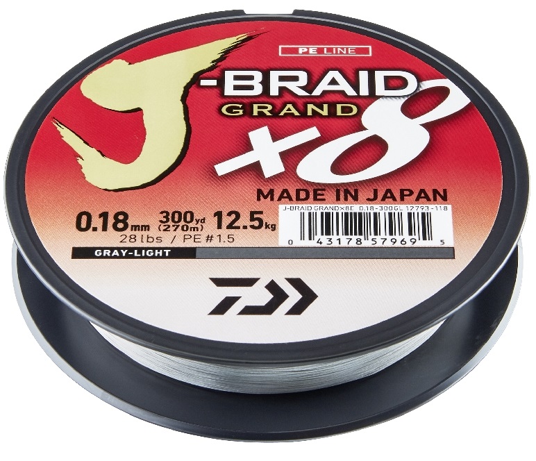 Daiwa splétaná šňůra j-braid 8 grand světle šedá 135 m-průměr 0,24 mm / nosnost 22 kg