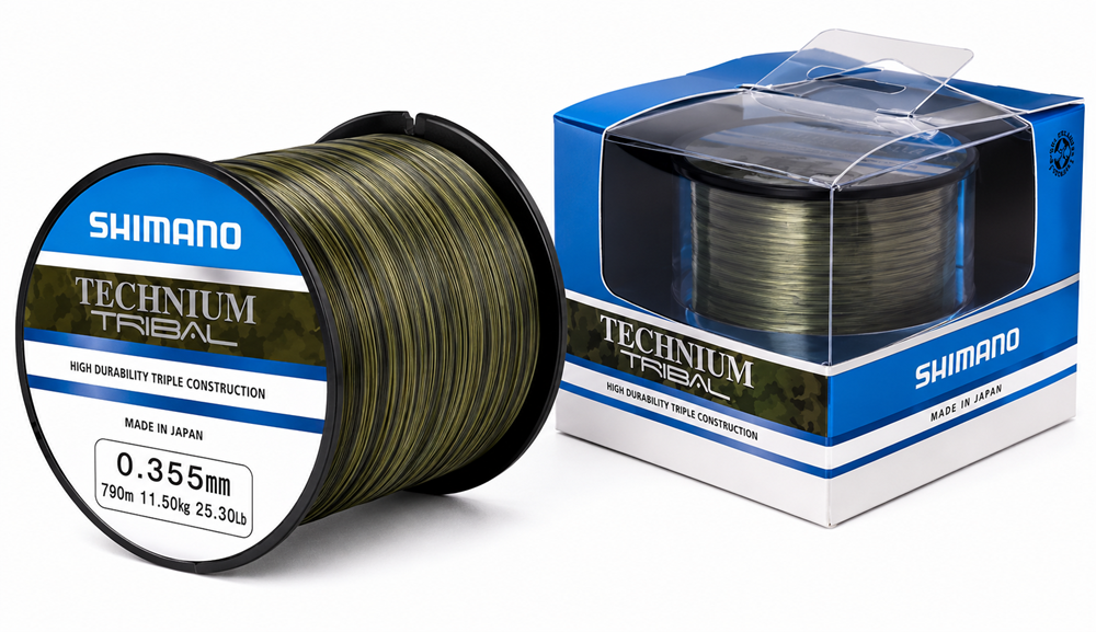 Shimano vlasec technium tribal a mono camou - průměr 0,305 mm nosnost 8,5 kg návin 1100 m