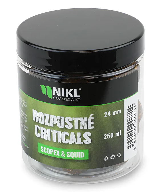 Levně Nikl rozpustné criticals boilie scopex & squid 250 ml - 14 mm
