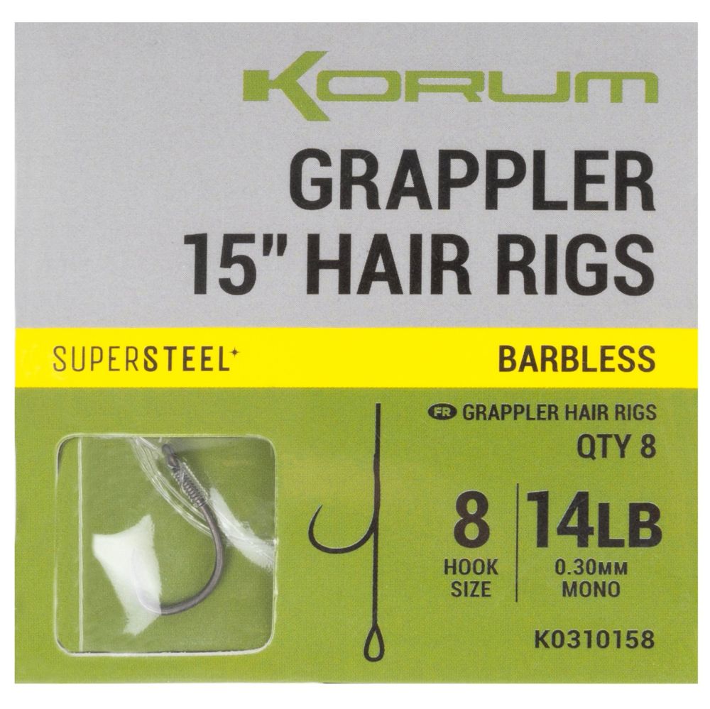 Korum návazec grappler 15” hair rigs barbless 38 cm - velikost háčku 8 průměr 0,30 mm nosnost 14 lb