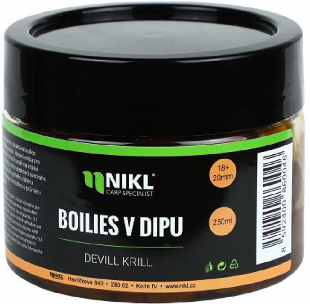 Levně Nikl boilie v dipu 250 g 18/20 mm-devill krill