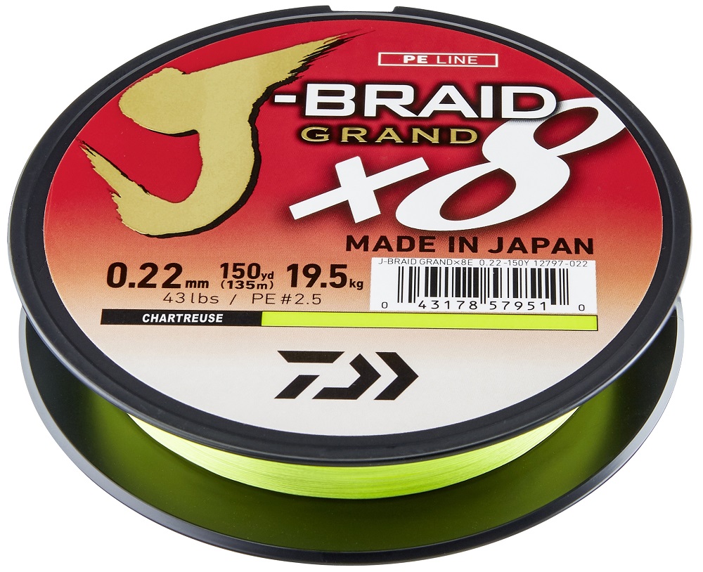 Levně Daiwa splétaná šňůra j-braid grand x8e zelená 135 m - 0,22 mm 19,5 kg