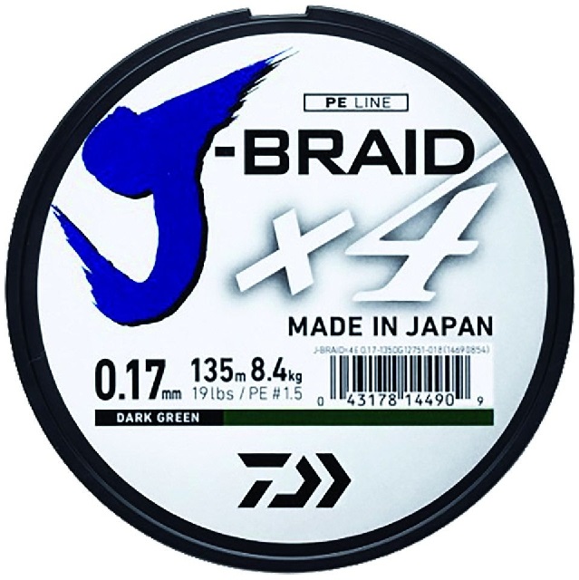 Levně Daiwa splétaná šňůra j-braid 4 tmavě zelená 135 m-průměr 0.17 mm / nosnost 8,4 kg