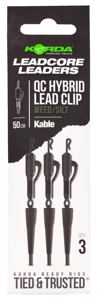 Korda montáž kable leadcore leader hybrid lead clip qc swivel 50 cm - weed