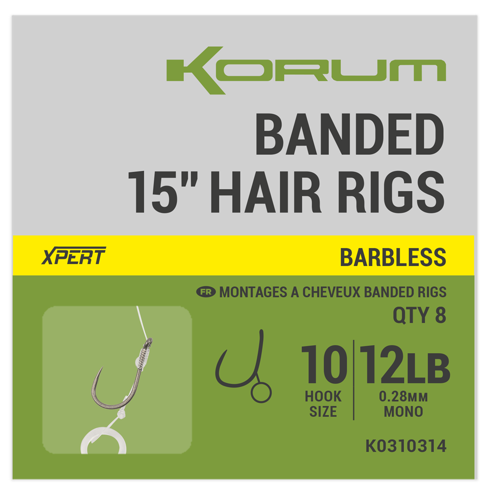 Korum návazec banded hair rigs barbless 8 ks délka 15" - velikost háčku 14
