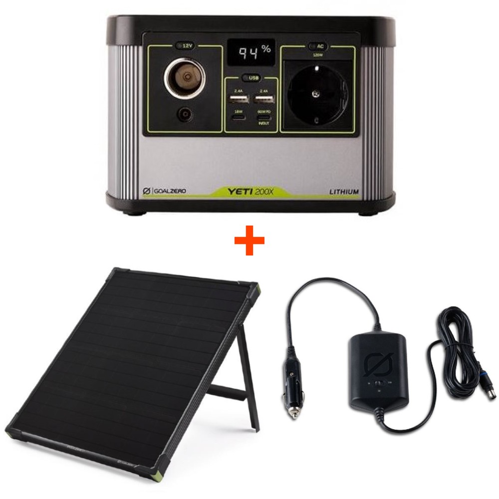 Goal zero set přenosná dobíjecí stanice yeti 200x + solární panel boulder 50 + nabíjecí kabel do aut