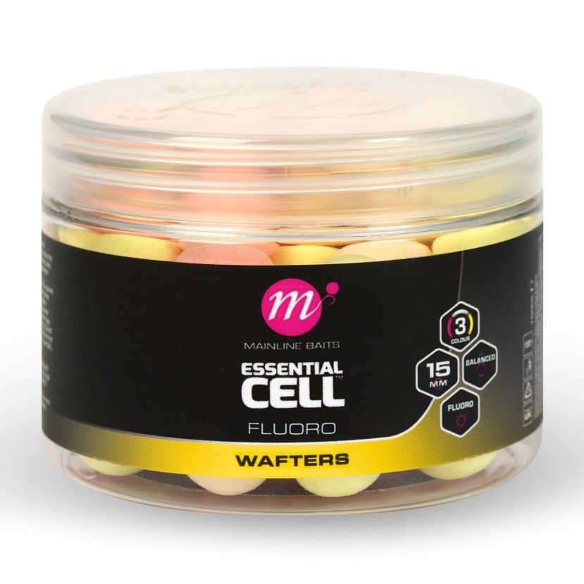 Levně Mainline balanced boilie fluoro wafters pink yellow white 15 mm - essential cell
