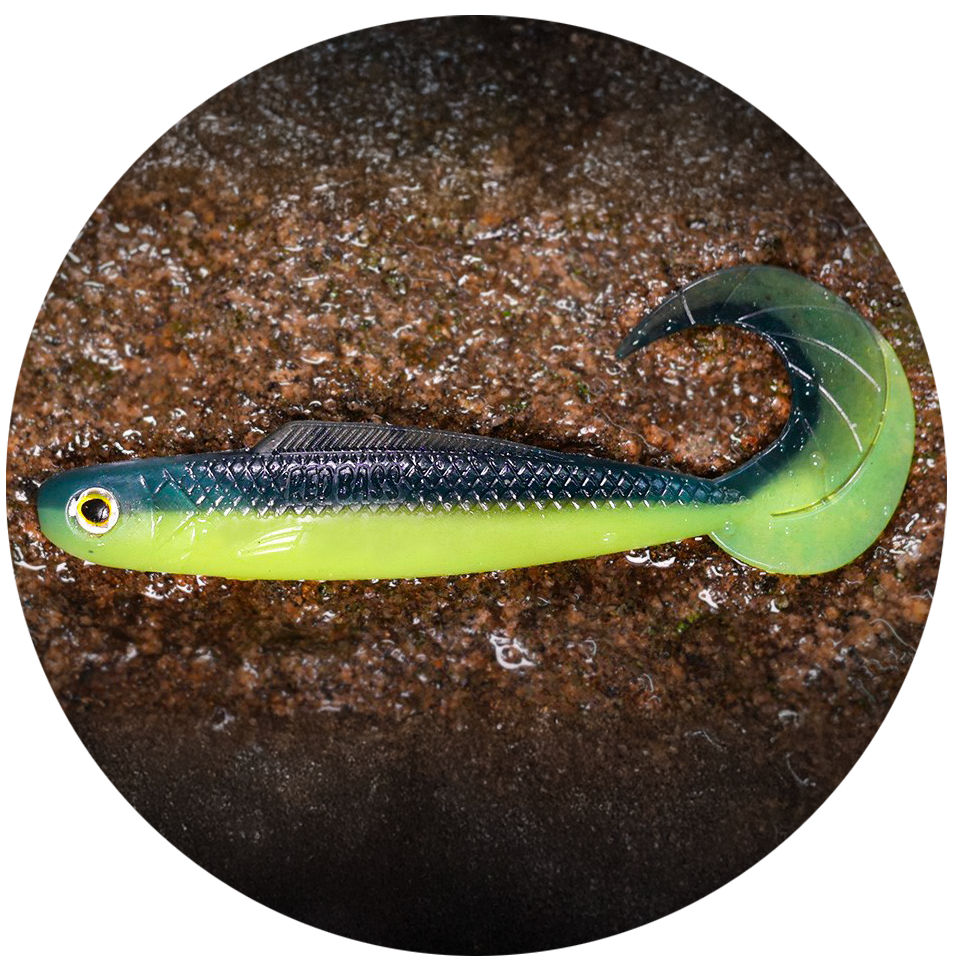 Redbass gumová nástraha twister kixter dark/signal yellow uv - l 100 mm