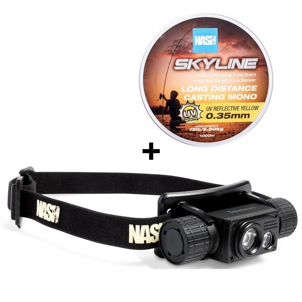 Nash ?elovka powerbanx uv headtorch + vlasec skyline mono uv yellow 1000 m 0,30 mm 5,44 kg