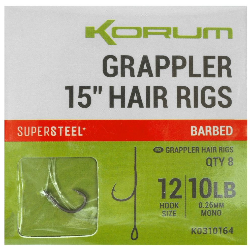 Korum návazec grappler 15” hair rigs barbed 38 cm - velikost háčku 12 průměr 0,26 mm nosnost 10 lb