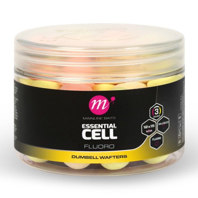 Levně Mainline balanced boilie fluoro dumbell wafters pink yellow white 12x15 mm - essential cell