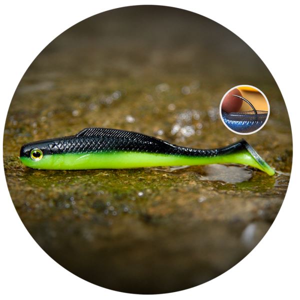 RedBass Gumová Nástraha Ripper Kicker Black/Signal Yellow UV COLOR - L 100 mm