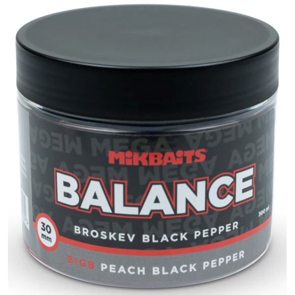 Mikbaits Vyvážené Boilie Mega Balance BigB Broskev Black Pepper 300 ml 30 mm