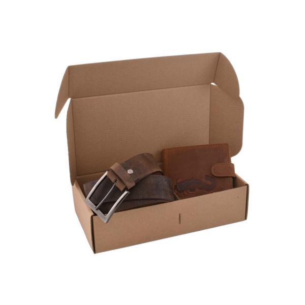 Mercucio Rybářský Dárkový Set Sumec - Pánská Peněženka a Kožený Opasek Tmavý Hladký