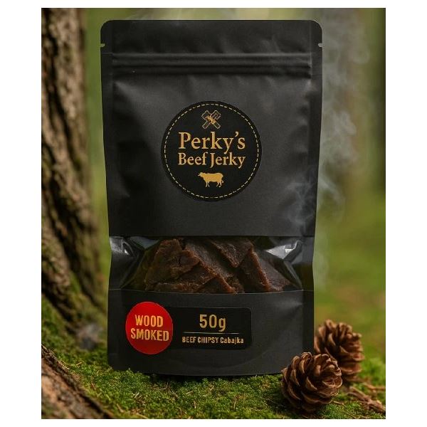 Perky´s Jerky Sušené Hovězí Maso Beef Chipsy Čabajka (Wood Smoked) 50 g