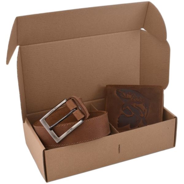 Mercucio Rybářský Dárkový Set Pstruh - Pánská Peněženka a Kožený Opasek Světlý Šitý