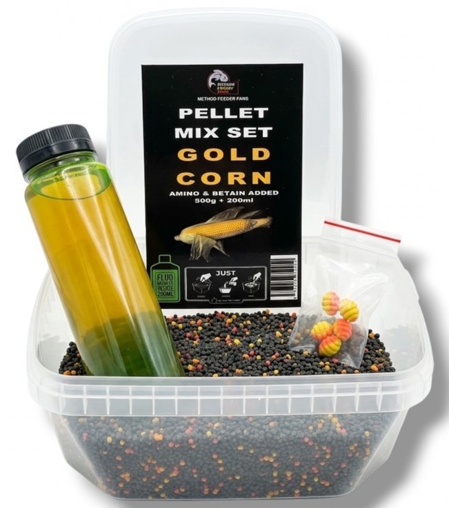 Method feeder fans pellet mix set fluo 2 mm 500 g + fluo booster 200 ml - gelden corn