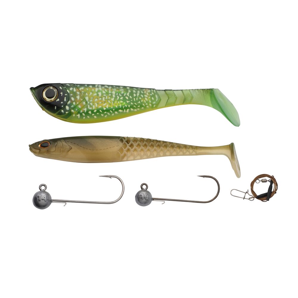 Berkley sada nástrah a jigových hlaviček powerbait pike jig pro pack clear water 5 ks 14+15 cm 10+14 g