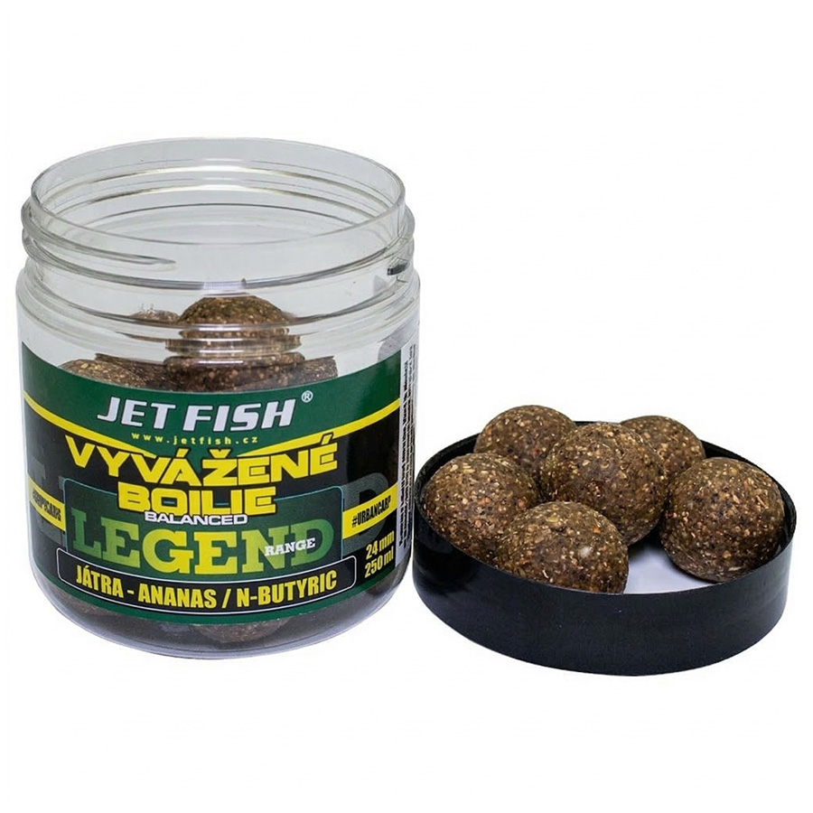 Levně Jet fish vyvážené boilie legend range játra ananas n-butyric 20 mm 250 ml