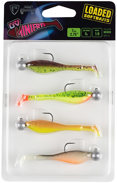 Fox rage gumová nástraha mini fry 4 mixed uv color pack loaded 7 cm 5 g 1/0 hlava